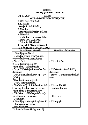 Kế hoạch bài dạy Âm Nhạc 3, Đạo Đức 1+2 - Tuần 35 (NH 2023-2024)(GV: Phạm Thị Thanh Tú)