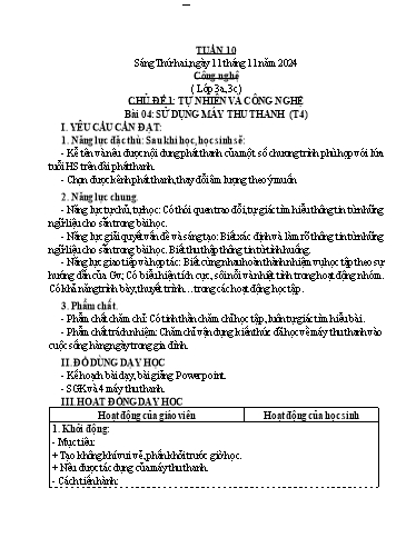 Kế hoạch bài dạy Công Nghệ 3+4, Mĩ Thuật 1+2+5, GDTC 1 - Tuần 10 (NH 2024-2025)(GV: Cao Thị Minh Tình)
