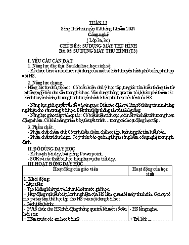 Kế hoạch bài dạy Công Nghệ 3+4, Mĩ Thuật 1+2+5, GDTC 1 - Tuần 13 (NH 2024-2025)(GV: Cao Thị Minh Tình)