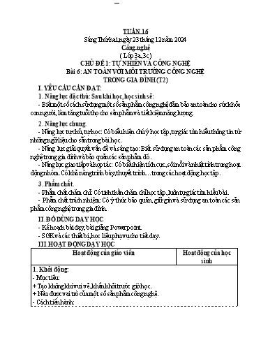 Kế hoạch bài dạy Công Nghệ 3+4, Mĩ Thuật 1+2+5, GDTC 1 - Tuần 16 (NH 2024-2025)(GV: Cao Thị Minh Tình)