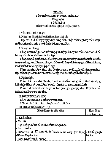 Kế hoạch bài dạy Công Nghệ 3+4, Mĩ Thuật 1+2+5, GDTC 1 - Tuần 6 (NH 2024-2025)(GV: Cao Thị Minh Tình)