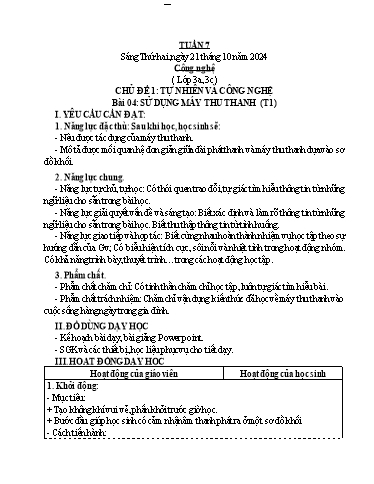 Kế hoạch bài dạy Công Nghệ 3+4, Mĩ Thuật 1+2+5, GDTC 1 - Tuần 7 (NH 2024-2025)(GV: Cao Thị Minh Tình)