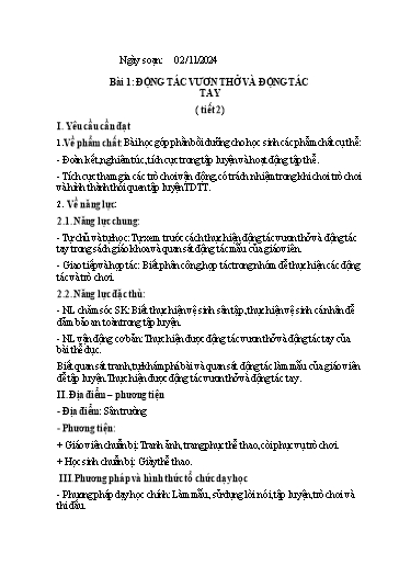 Kế hoạch bài dạy GDTC 2 - Bài 1: Động tác vươn thở và động tác tay (Tiết 2)(GV: Trần Văn Hùng)