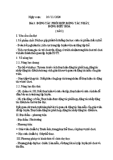 Kế hoạch bài dạy GDTC 2 - Bài 3: Động tác phối hợp, động tác nhảy, động điều hòa (Tiết 1)(GV: Trần Văn Hùng)