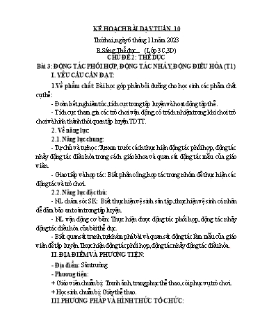 Kế hoạch bài dạy GDTC 3, Mĩ Thuật 1+2+4 - Tuần 10 (NH 2023-2024)(GV: Dương Thị Hồng Thắm)