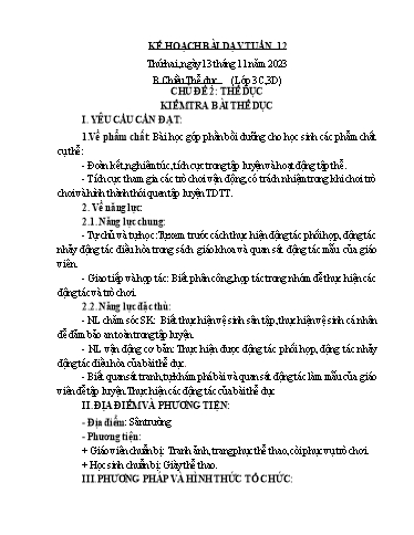 Kế hoạch bài dạy GDTC 3, Mĩ Thuật 1+2+4 - Tuần 12 (NH 2023-2024)(GV: Dương Thị Hồng Thắm)