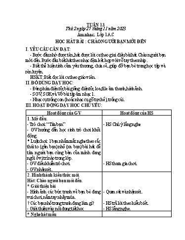 Kế hoạch bài dạy HĐTN 1+2, Âm Nhạc 1+2+4 - Tuần 13 (NH 2023-2024)(GV: Trần Thị Thu Hiền)