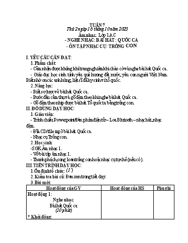 Kế hoạch bài dạy HĐTN 1+2, Âm Nhạc 1+2+4 - Tuần 7 (NH 2023-2024)(GV: Trần Thị Thu Hiền)