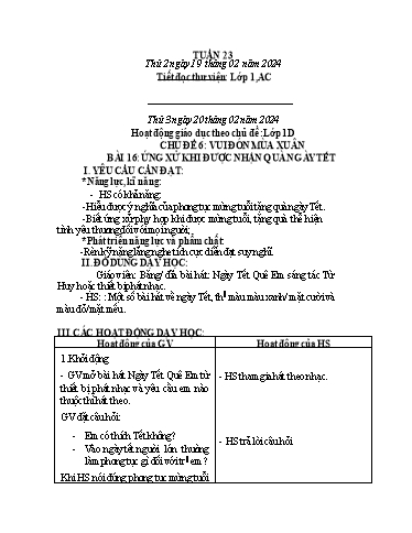 Kế hoạch bài dạy HĐTN 1+2, Âm Nhạc 1+4 - Tuần 23 (NH 2023-2024)(GV: Trần Thị Thu Hiền)