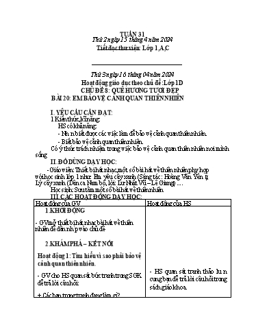 Kế hoạch bài dạy HĐTN 1+2, Âm Nhạc 1+4 - Tuần 31 (NH 2023-2024)(GV: Trần Thị Thu Hiền)