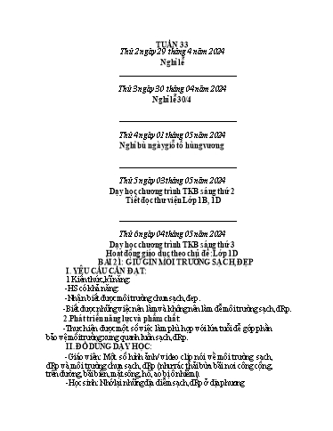 Kế hoạch bài dạy HĐTN 1+2, Âm Nhạc 1+4 - Tuần 33 (NH 2023-2024)(GV: Trần Thị Thu Hiền)