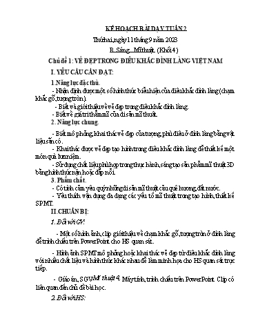 Kế hoạch bài dạy Mĩ Thuật 1+2+4, GDTC 3 - Tuần 2 (NH 2023-2024)(GV: Dương Thị Hồng Thắm)