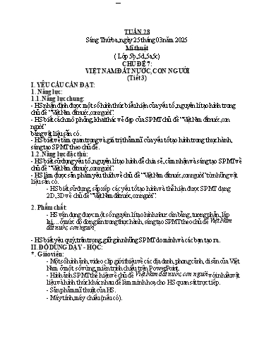 Kế hoạch bài dạy Mĩ Thuật 1+2+5, GDTC 1, Công Nghệ 3+4 - Tuần 28 (NH 2024-2025)(GV: Cao Thị Minh Tình)