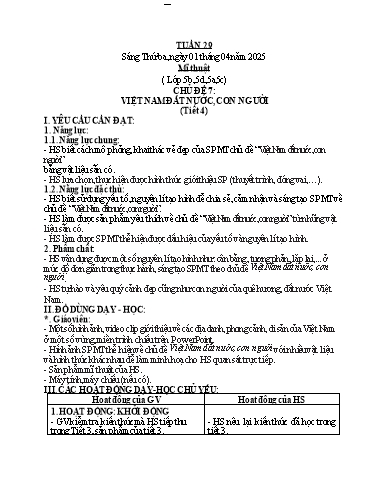 Kế hoạch bài dạy Mĩ Thuật 1+2+5, GDTC 1, Công Nghệ 3+4 - Tuần 29 (NH 2024-2025)(GV: Cao Thị Minh Tình)