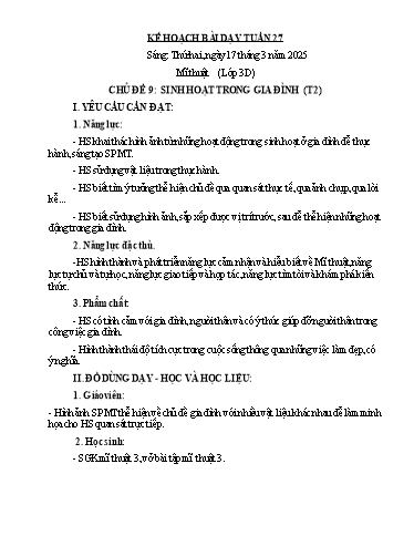 Kế hoạch bài dạy Mĩ Thuật 3+4, Công Nghệ 5 - Tuần 27 (NH 2024-2025)(GV: Dương Thị Hồng Thắm)