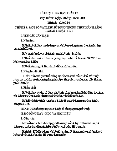 Kế hoạch bài dạy Mĩ Thuật 3+4, Đạo Đức 1 - Tuần 12 (NH 2024-2025)(GV: Dương Thị Hồng Thắm)