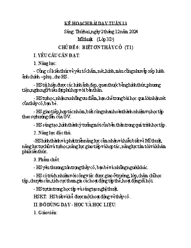 Kế hoạch bài dạy Mĩ Thuật 3+4, Đạo Đức 1 - Tuần 13 (NH 2024-2025)(GV: Dương Thị Hồng Thắm)