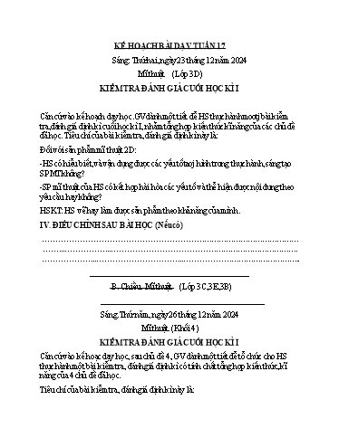 Kế hoạch bài dạy Mĩ Thuật 3+4, Đạo Đức 1 - Tuần 17 (Năm học 2024-2025)(GV: Dương Thị Hồng Thắm)