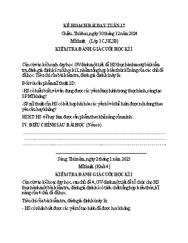 Kế hoạch bài dạy Mĩ Thuật 3+4, Đạo Đức 1 - Tuần 17 (NH 2024-2025)(GV: Dương Thị Hồng Thắm)