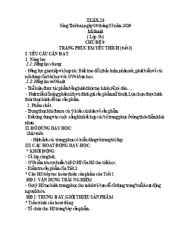 Kế hoạch bài dạy Mĩ Thuật 3+5, GDTC 1, Công Nghệ 3, Kĩ Thuật 5 - Tuần 25 (NH 2023-2024)(GV: Cao Thị Minh Tình)