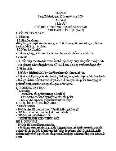 Kế hoạch bài dạy Mĩ Thuật 3+5, GDTC 1, Công Nghệ 3, Kĩ Thuật 5 - Tuần 32 (NH 2023-2024)(GV: Cao Thị Minh Tình)