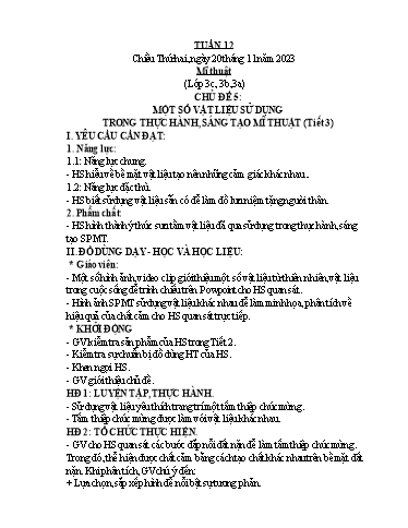 Kế hoạch bài dạy Mĩ Thuật 3+5, GDTC 1, Công Nghệ 3 - Tuần 12 (NH 2023-2024)(GV: Cao Thị Minh Tình)