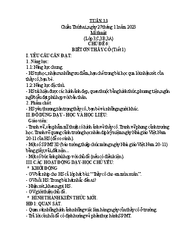 Kế hoạch bài dạy Mĩ Thuật 3+5, GDTC 1, Công Nghệ 3 - Tuần 13 (NH 2023-2024)(GV: Cao Thị Minh Tình)