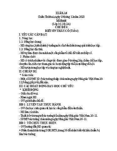 Kế hoạch bài dạy Mĩ Thuật 3+5, GDTC 1, Công Nghệ 3 - Tuần 16 (NH 2023-2024)(GV: Cao Thị Minh Tình)