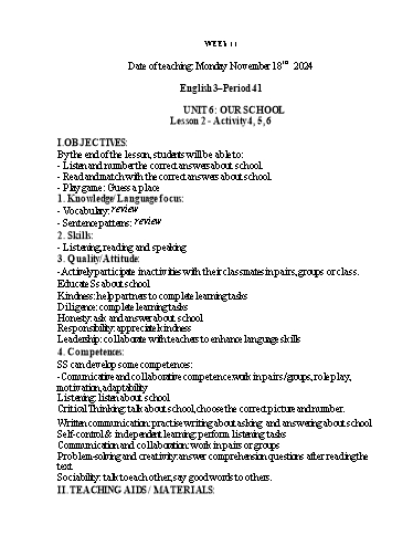 Kế hoạch bài dạy Tiếng Anh 1+2+3 - Tuần 11, NH 2024-2025 (GV: Thiều Thị Lợi)