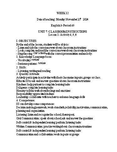 Kế hoạch bài dạy Tiếng Anh 1+2+3 - Tuần 12, NH 2024-2025 (GV: Thiều Thị Lợi)