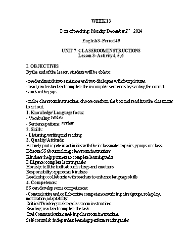 Kế hoạch bài dạy Tiếng Anh 1+2+3 - Tuần 13, NH 2024-2025 (GV: Thiều Thị Lợi)