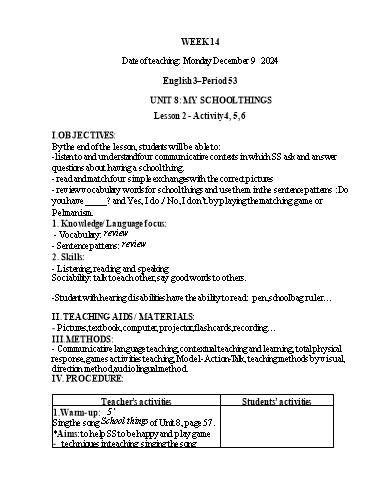 Kế hoạch bài dạy Tiếng Anh 1+2+3 - Tuần 14, NH 2024-2025 (GV: Thiều Thị Lợi)
