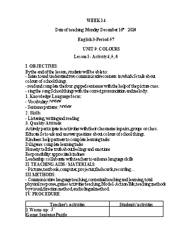 Kế hoạch bài dạy Tiếng Anh 1+2+3 - Tuần 15, NH 2024-2025 (GV: Thiều Thị Lợi)