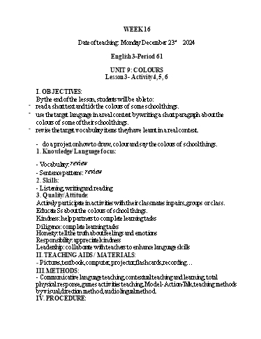 Kế hoạch bài dạy Tiếng Anh 1+2+3 - Tuần 16, NH 2024-2025 (GV: Thiều Thị Lợi)