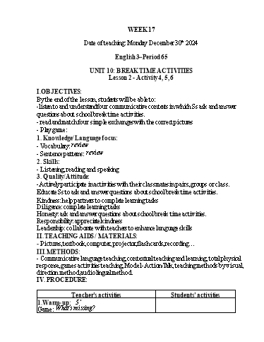 Kế hoạch bài dạy Tiếng Anh 1+2+3 - Tuần 17, NH 2024-2025 (GV: Thiều Thị Lợi)