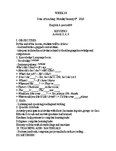 Kế hoạch bài dạy Tiếng Anh 1+2+3 - Tuần 18, NH 2024-2025 (GV: Thiều Thị Lợi)