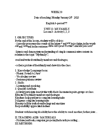 Kế hoạch bài dạy Tiếng Anh 1+2+3 - Tuần 20, NH 2024-2025 (GV: Thiều Thị Lợi)