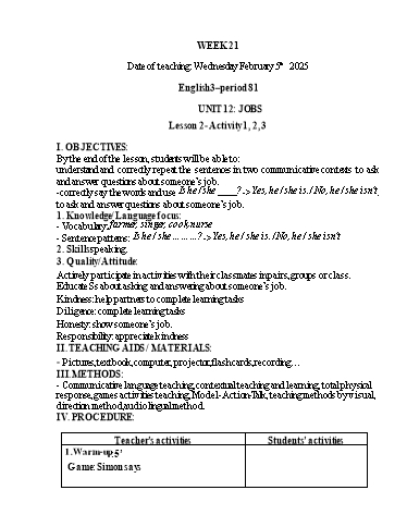 Kế hoạch bài dạy Tiếng Anh 1+2+3 - Tuần 21, NH 2024-2025 (GV: Thiều Thị Lợi)