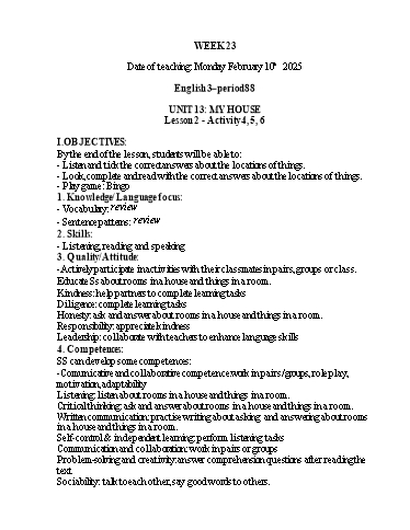 Kế hoạch bài dạy Tiếng Anh 1+2+3 - Tuần 23, NH 2024-2025 (GV: Thiều Thị Lợi)