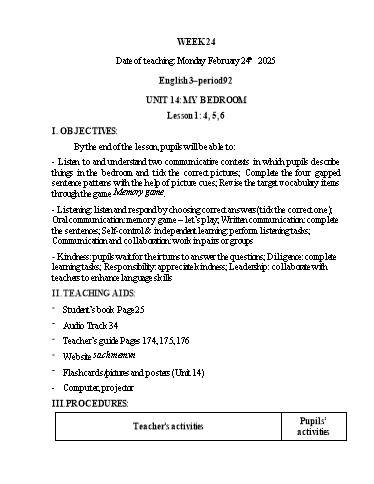 Kế hoạch bài dạy Tiếng Anh 1+2+3 - Tuần 24, NH 2024-2025 (GV: Thiều Thị Lợi)