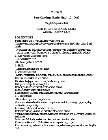 Kế hoạch bài dạy Tiếng Anh 1+2+3 - Tuần 26, NH 2024-2025 (GV: Thiều Thị Lợi)