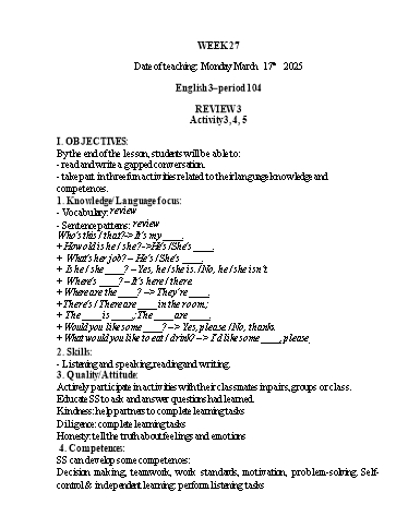 Kế hoạch bài dạy Tiếng Anh 1+2+3 - Tuần 27, NH 2024-2025 (GV: Thiều Thị Lợi)