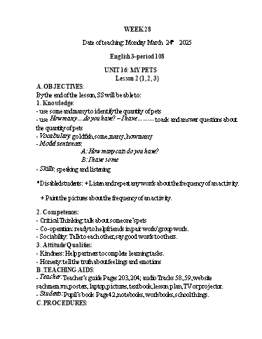 Kế hoạch bài dạy Tiếng Anh 1+2+3 - Tuần 28, NH 2024-2025 (GV: Thiều Thị Lợi)