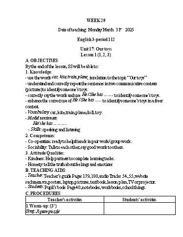 Kế hoạch bài dạy Tiếng Anh 1+2+3 - Tuần 29, NH 2024-2025 (GV: Thiều Thị Lợi)