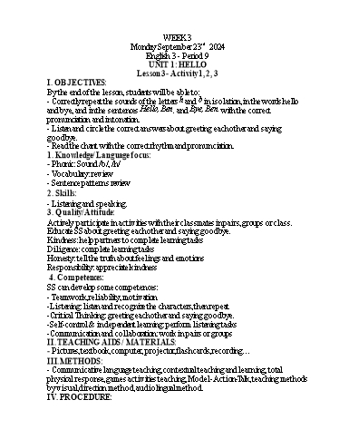 Kế hoạch bài dạy Tiếng Anh 1+2+3 - Tuần 3, NH 2024-2025 (GV: Thiều Thị Lợi)