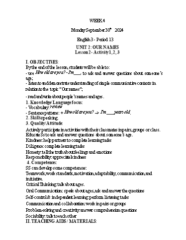 Kế hoạch bài dạy Tiếng Anh 1+2+3 - Tuần 4, NH 2024-2025 (GV: Thiều Thị Lợi)