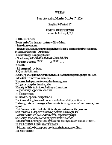 Kế hoạch bài dạy Tiếng Anh 1+2+3 - Tuần 5, NH 2024-2025 (GV: Thiều Thị Lợi)