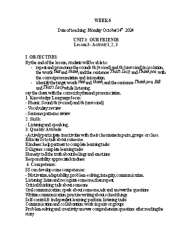 Kế hoạch bài dạy Tiếng Anh 1+2+3 - Tuần 6, NH 2024-2025 (GV: Thiều Thị Lợi)