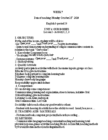 Kế hoạch bài dạy Tiếng Anh 1+2+3 - Tuần 7, NH 2024-2025 (GV: Thiều Thị Lợi)