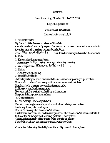 Kế hoạch bài dạy Tiếng Anh 1+2+3 - Tuần 8, NH 2024-2025 (GV: Thiều Thị Lợi)